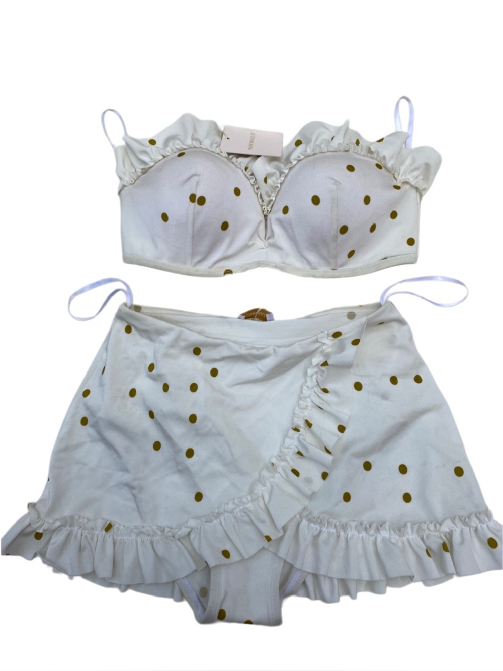 Normaillot White Polka Dot Ruffled Bikini Set Size Small
